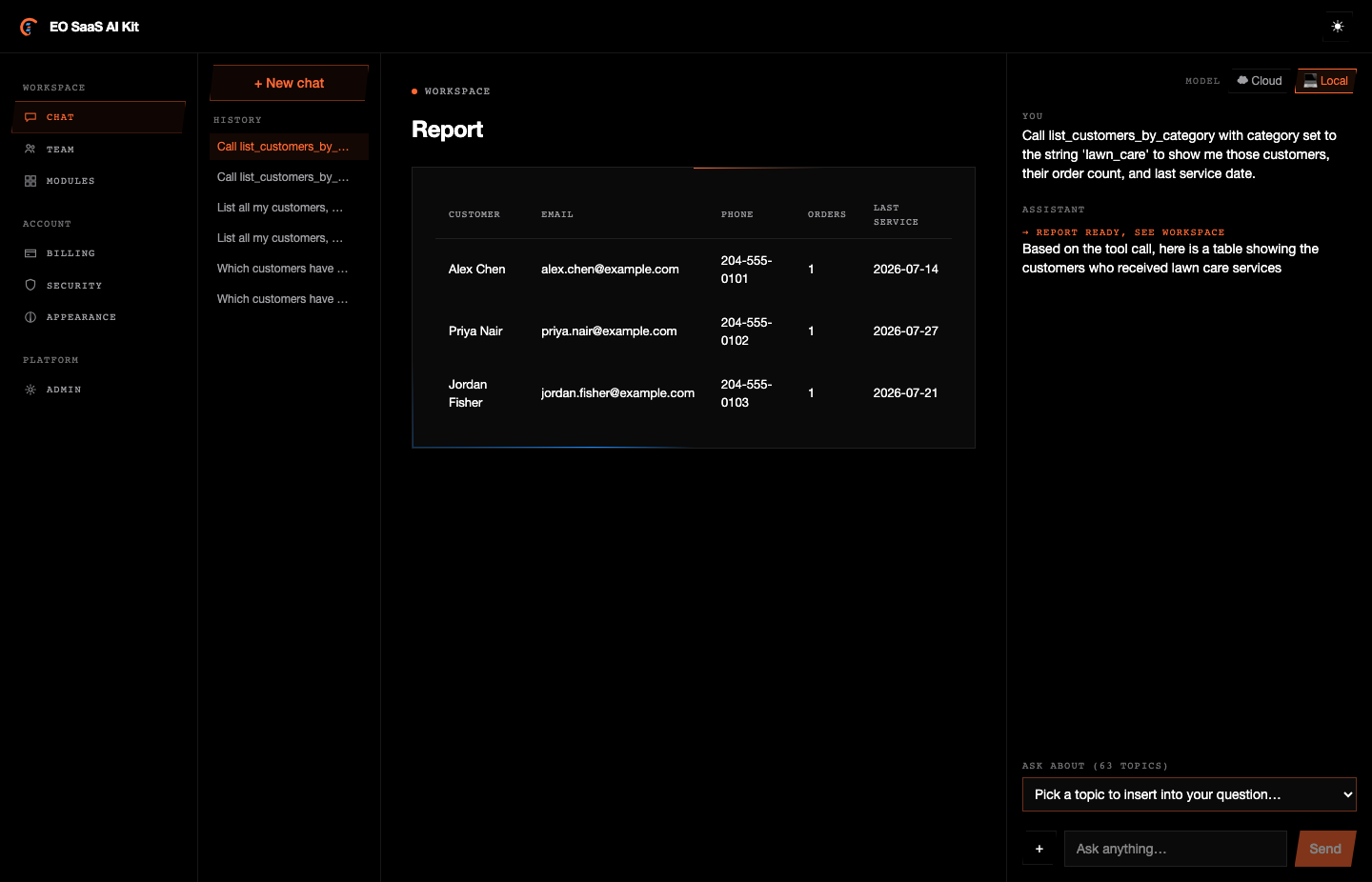 EO AI Kit AI Engine chat rendering a Generative UI report