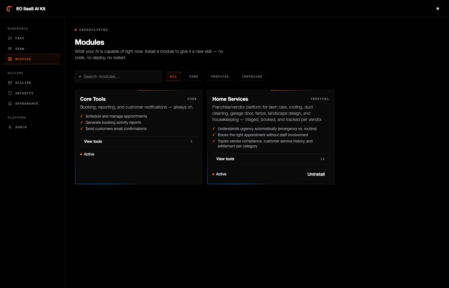 EO AI Kit real Modules settings page