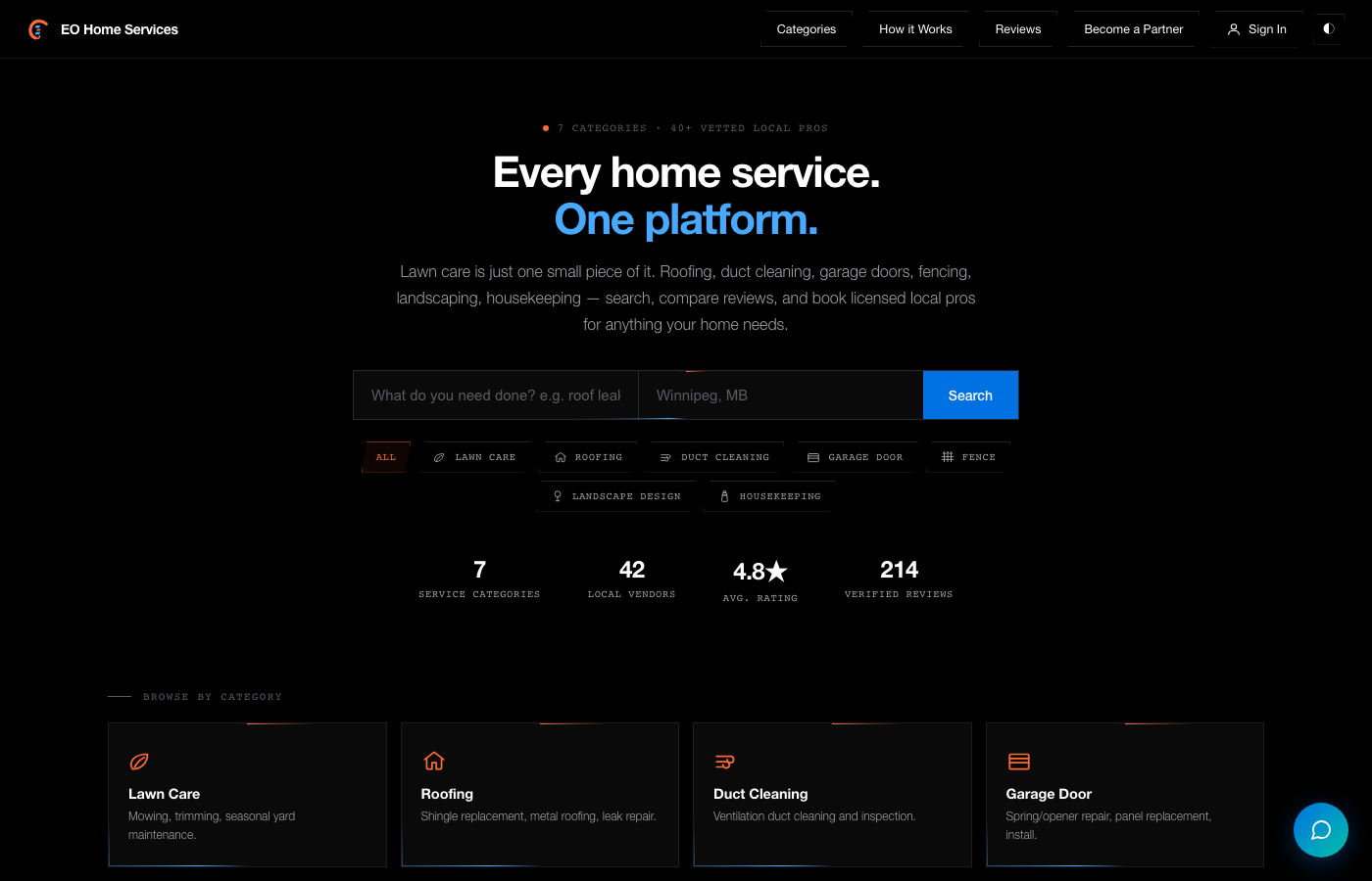 Home Services platform search across 7 categories