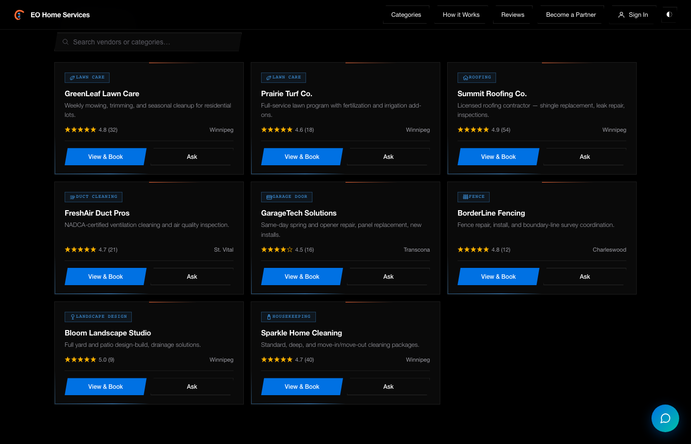 Vendor directory across categories